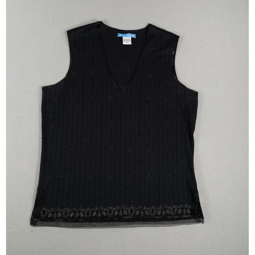 White + Warren Womens Top M V-Neck Beaded Embroidered Hem Black Cotton Tank